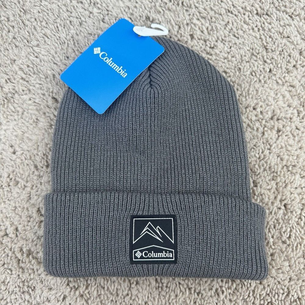 Columbia Beanie Whirlibird Gray Black Patch Logo One Size Cuffed Knit‎ Cap NWT